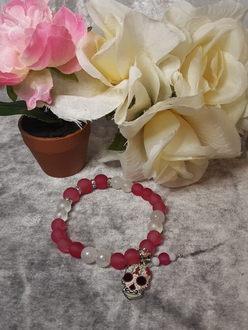 Pink and White Beaded Sugar Skull Stretch Bracelet